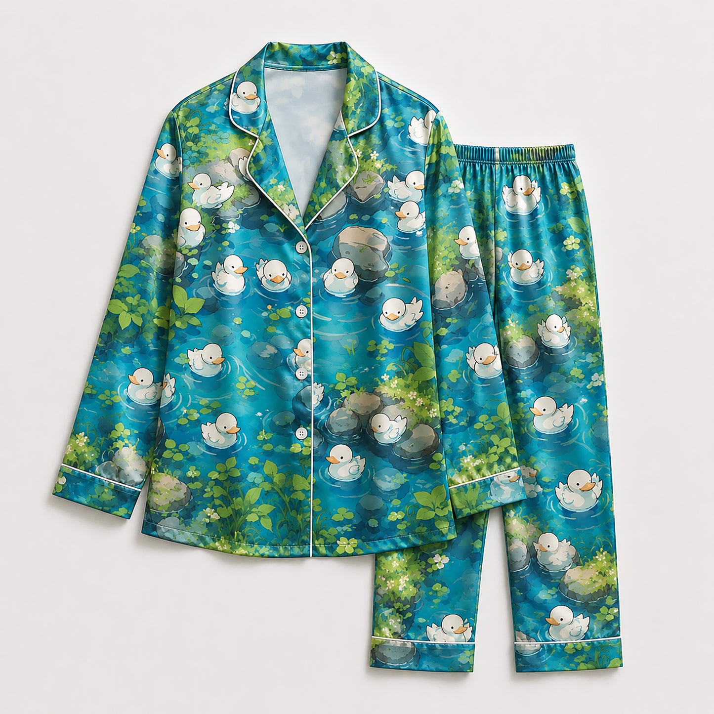 PJ-476-Teal Silk Pond Pajama Apparel, Cute Bird Graphic Loungewear Sleepwear Collection Top Bottom Raiment