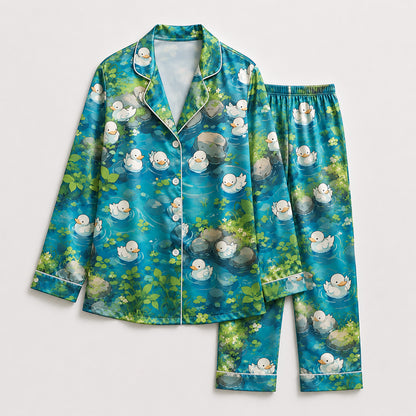 PJ-476-Teal Silk Pond Pajama Apparel, Cute Bird Graphic Loungewear Sleepwear Collection Top Bottom Raiment