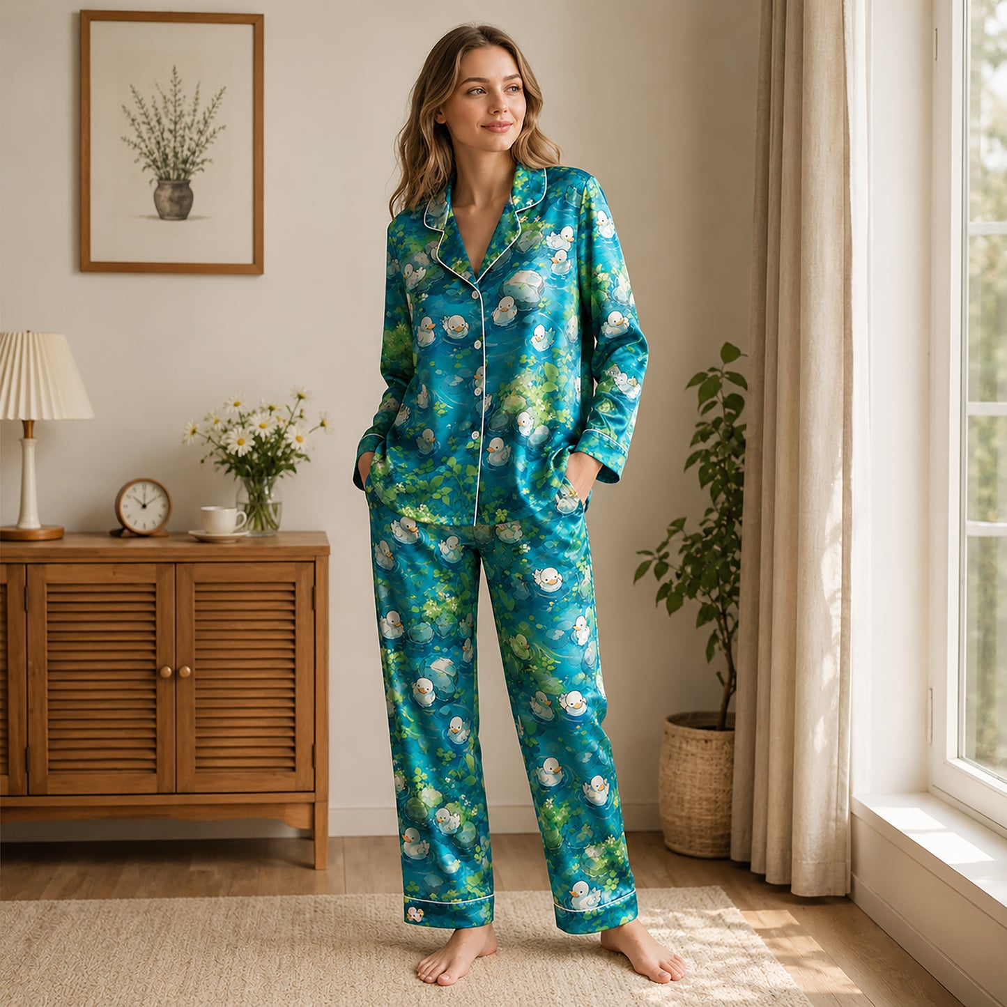PJ-476-Teal Silk Pond Pajama Apparel, Cute Bird Graphic Loungewear Sleepwear Collection Top Bottom Raiment