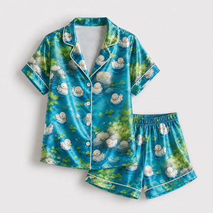 PJ-476-Teal Silk Pond Pajama Apparel, Cute Bird Graphic Loungewear Sleepwear Collection Top Bottom Raiment