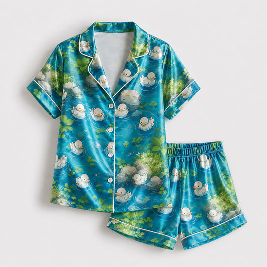 PJ-476-Teal Silk Pond Pajama Apparel, Cute Bird Graphic Loungewear Sleepwear Collection Top Bottom Raiment