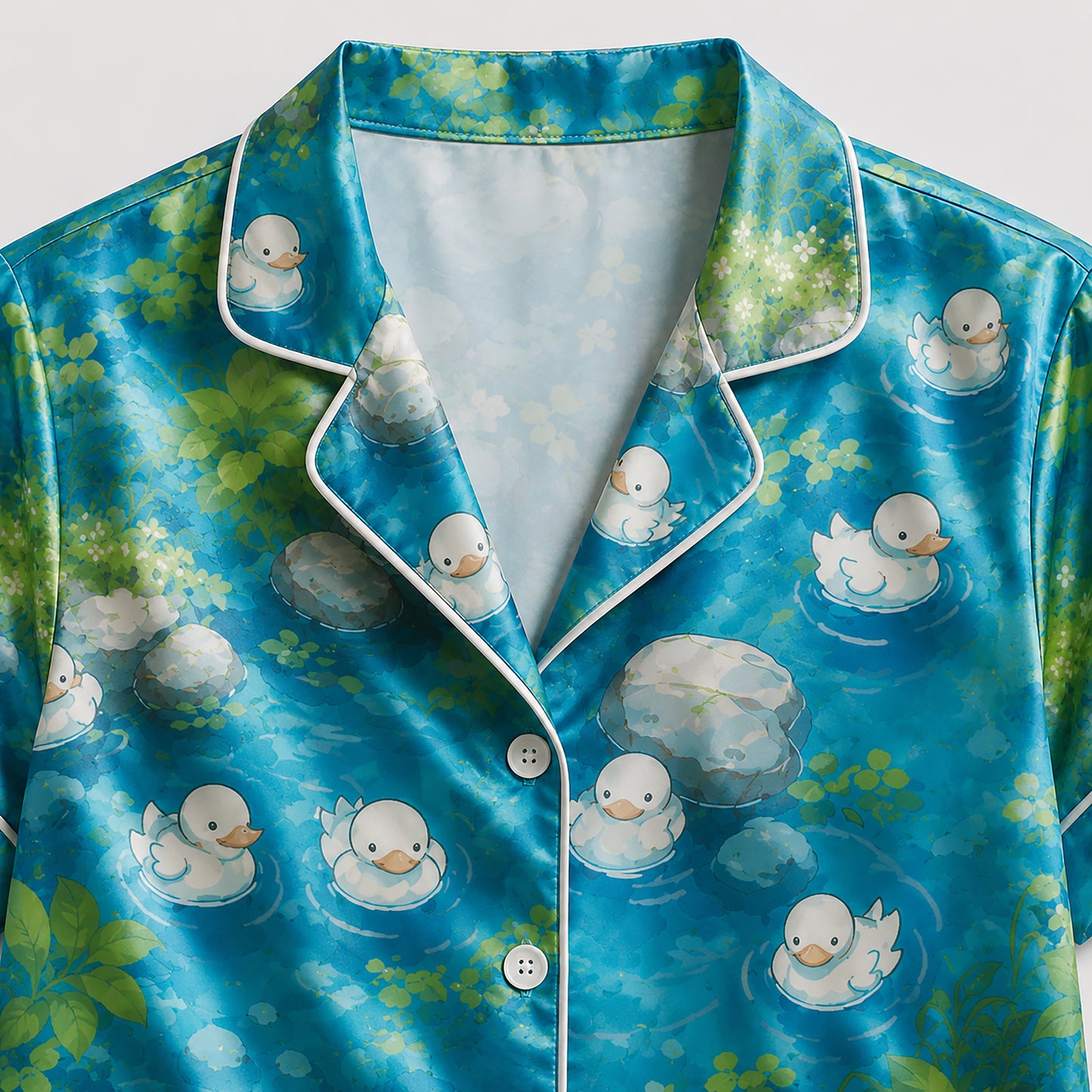 PJ-476-Teal Silk Pond Pajama Apparel, Cute Bird Graphic Loungewear Sleepwear Collection Top Bottom Raiment