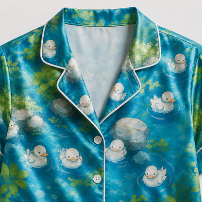 PJ-476-Teal Silk Pond Pajama Apparel, Cute Bird Graphic Loungewear Sleepwear Collection Top Bottom Raiment