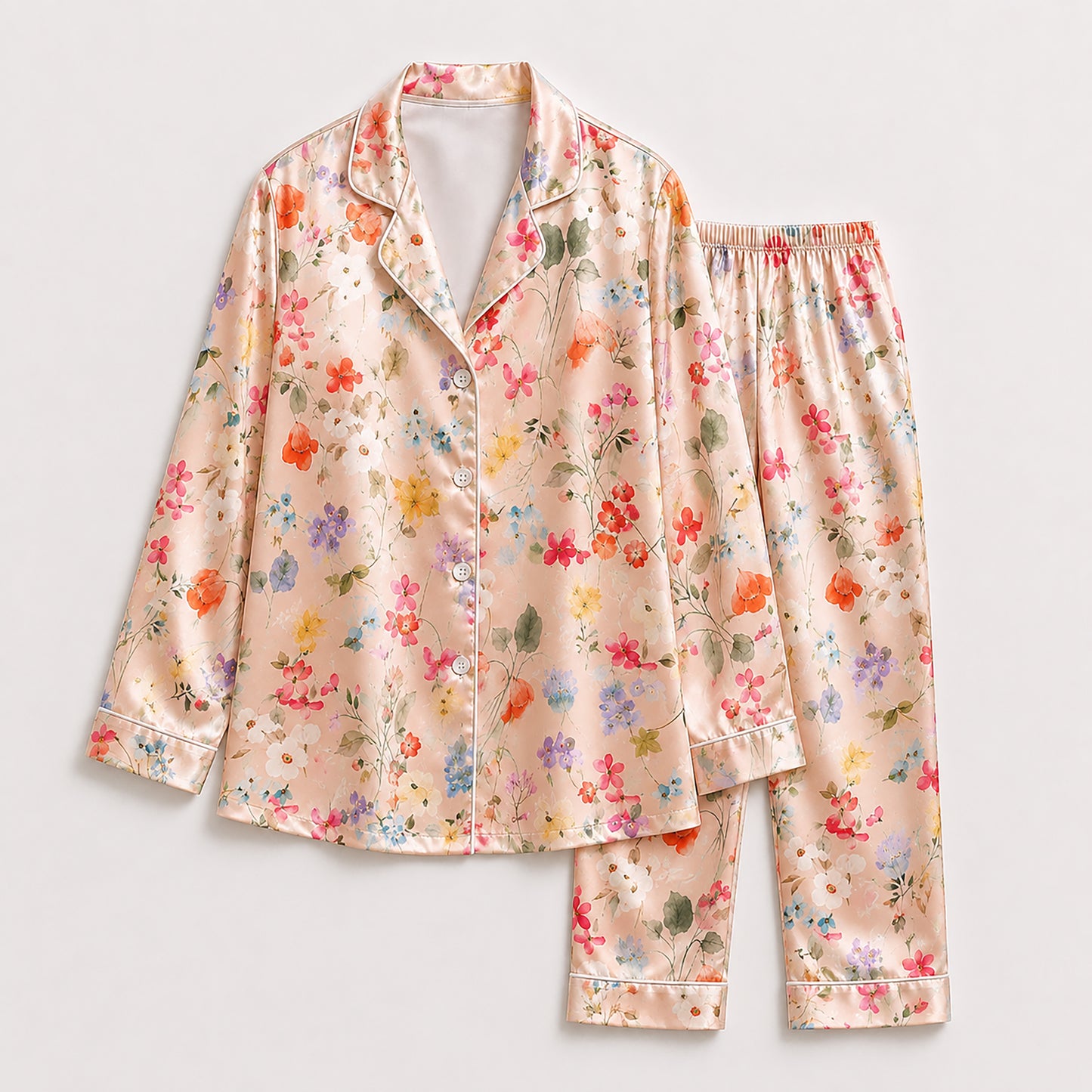 PJ-477-Magenta Satin Aesthetic Pajama Apparel, Elegant Wildflower Layout Loungewear Sleepwear Collection Top Bottom Garments