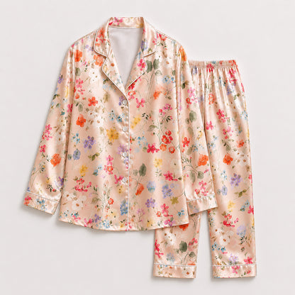 PJ-477-Magenta Satin Aesthetic Pajama Apparel, Elegant Wildflower Layout Loungewear Sleepwear Collection Top Bottom Garments