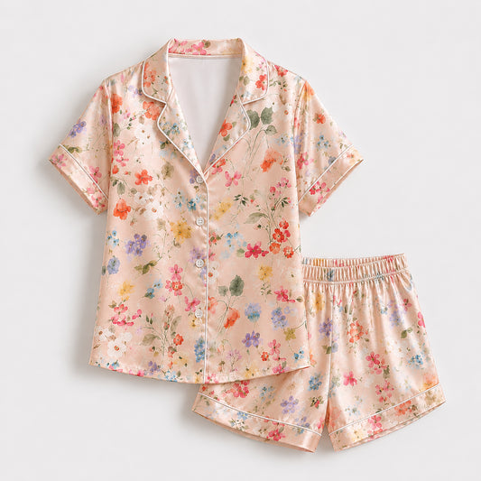 PJ-477-Magenta Satin Aesthetic Pajama Apparel, Elegant Wildflower Layout Loungewear Sleepwear Collection Top Bottom Garments