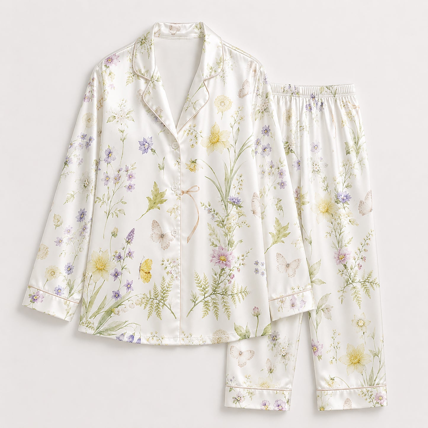 PJ-478-White Satin Butterfly Pajama Apparel, Botanical Floral Pattern Loungewear Sleepwear Collection Top Bottom Clothing