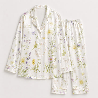 PJ-478-White Satin Butterfly Pajama Apparel, Botanical Floral Pattern Loungewear Sleepwear Collection Top Bottom Clothing