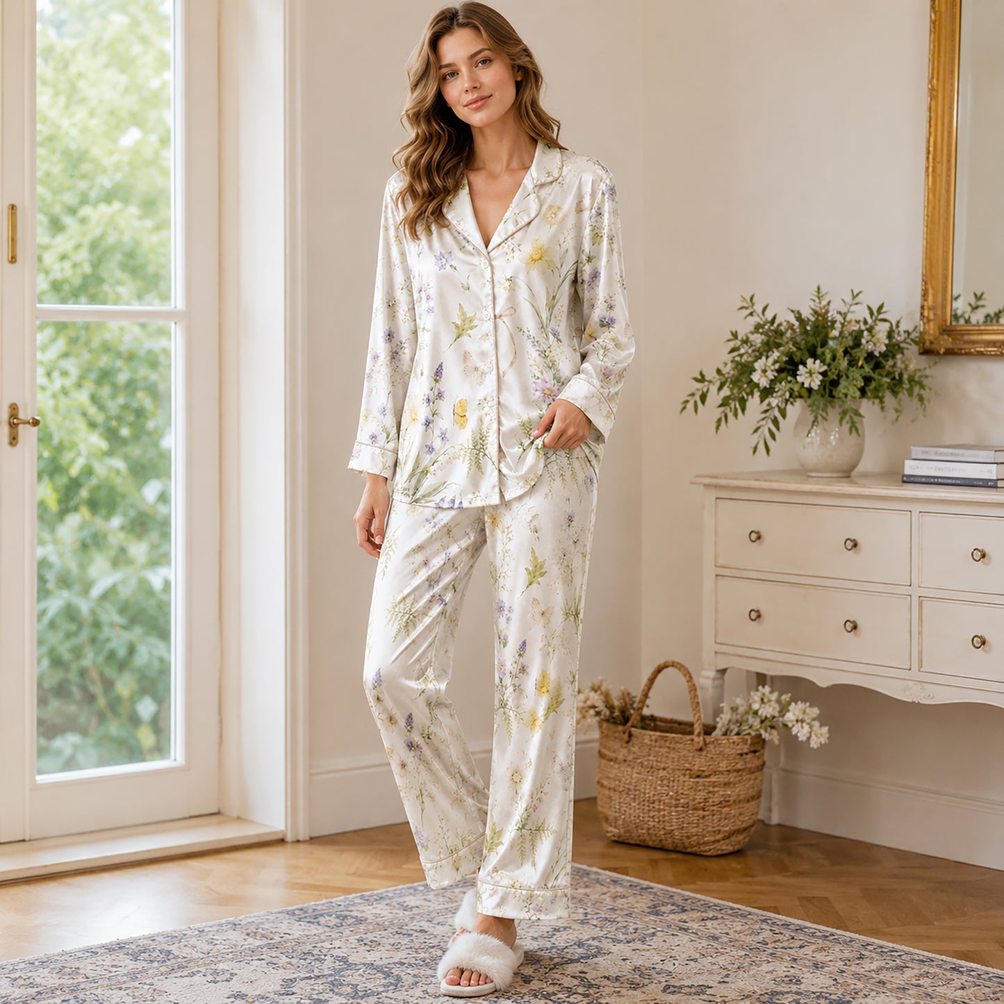 PJ-478-White Satin Butterfly Pajama Apparel, Botanical Floral Pattern Loungewear Sleepwear Collection Top Bottom Clothing