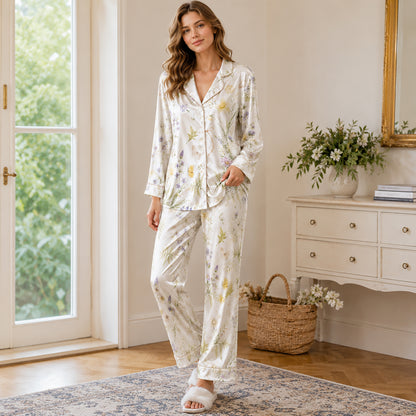 PJ-478-White Satin Butterfly Pajama Apparel, Botanical Floral Pattern Loungewear Sleepwear Collection Top Bottom Clothing