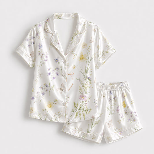 PJ-478-White Satin Butterfly Pajama Apparel, Botanical Floral Pattern Loungewear Sleepwear Collection Top Bottom Clothing