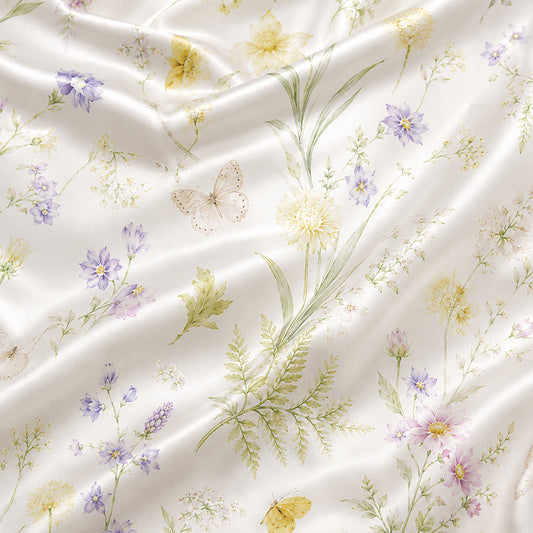 PJ-478-White Satin Butterfly Pajama Apparel, Botanical Floral Pattern Loungewear Sleepwear Collection Top Bottom Clothing