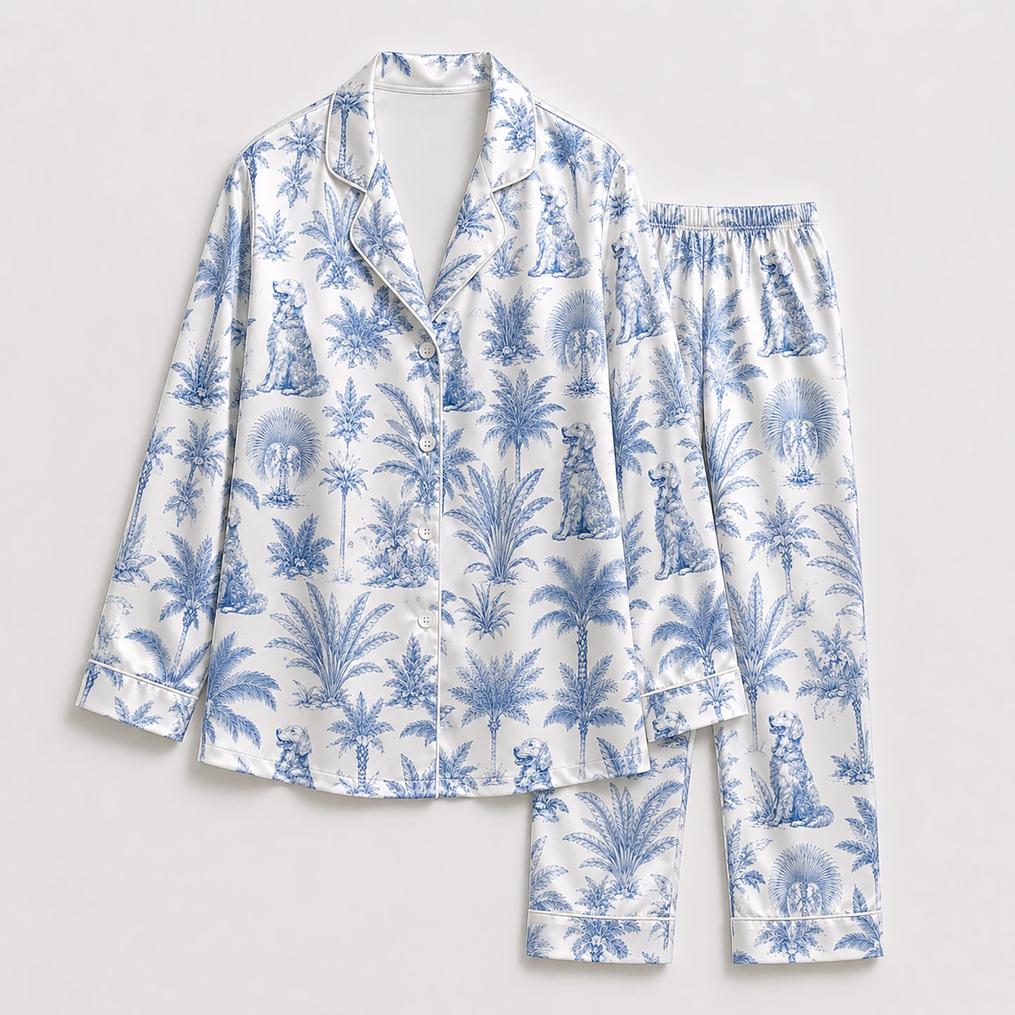 PJ-479-Satin Toile Pajama Apparel, Ditsy Dog Palm Pattern Loungewear Sleepwear Collection Top Bottom Clothing