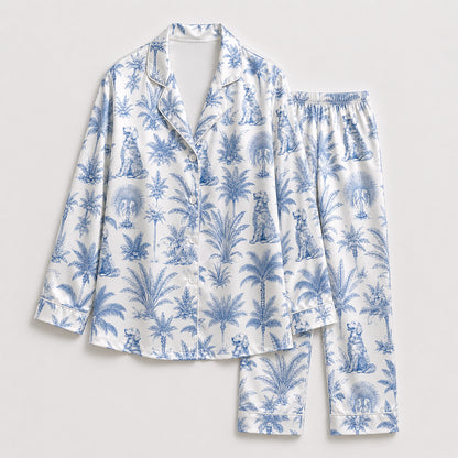 PJ-479-Satin Toile Pajama Apparel, Ditsy Dog Palm Pattern Loungewear Sleepwear Collection Top Bottom Clothing
