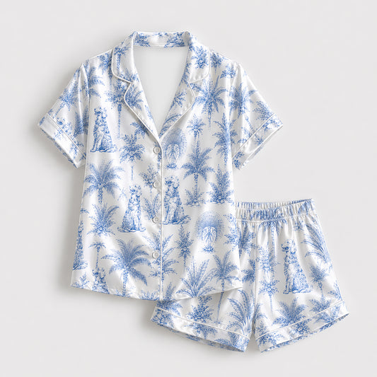 PJ-479-Satin Toile Pajama Apparel, Ditsy Dog Palm Pattern Loungewear Sleepwear Collection Top Bottom Clothing