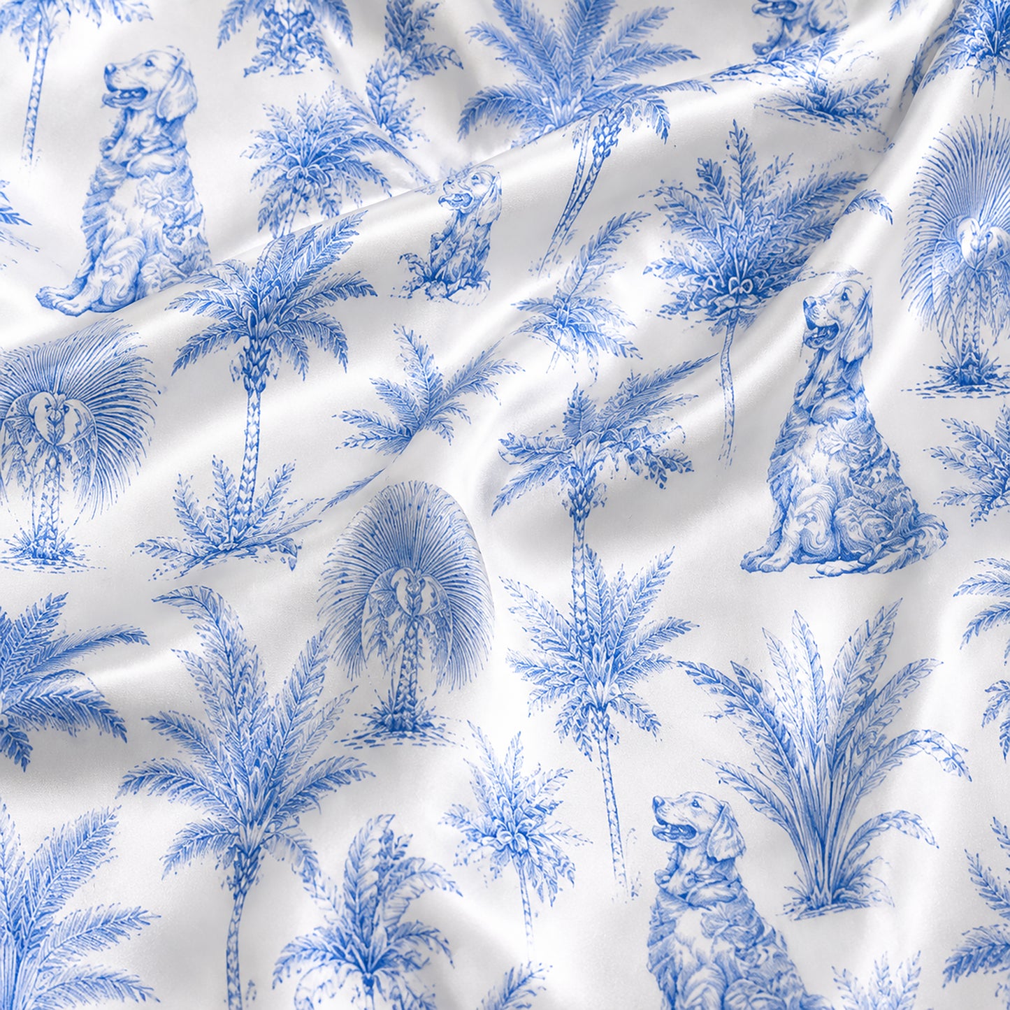PJ-479-Satin Toile Pajama Apparel, Ditsy Dog Palm Pattern Loungewear Sleepwear Collection Top Bottom Clothing