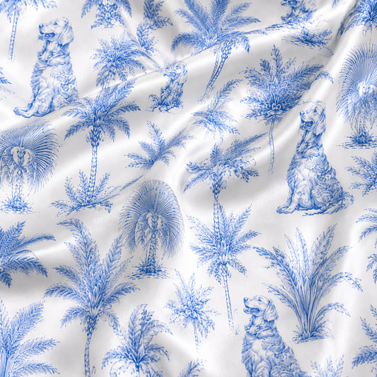 PJ-479-Satin Toile Pajama Apparel, Ditsy Dog Palm Pattern Loungewear Sleepwear Collection Top Bottom Clothing