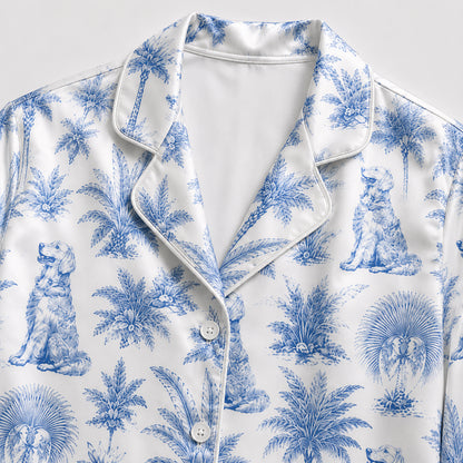 PJ-479-Satin Toile Pajama Apparel, Ditsy Dog Palm Pattern Loungewear Sleepwear Collection Top Bottom Clothing