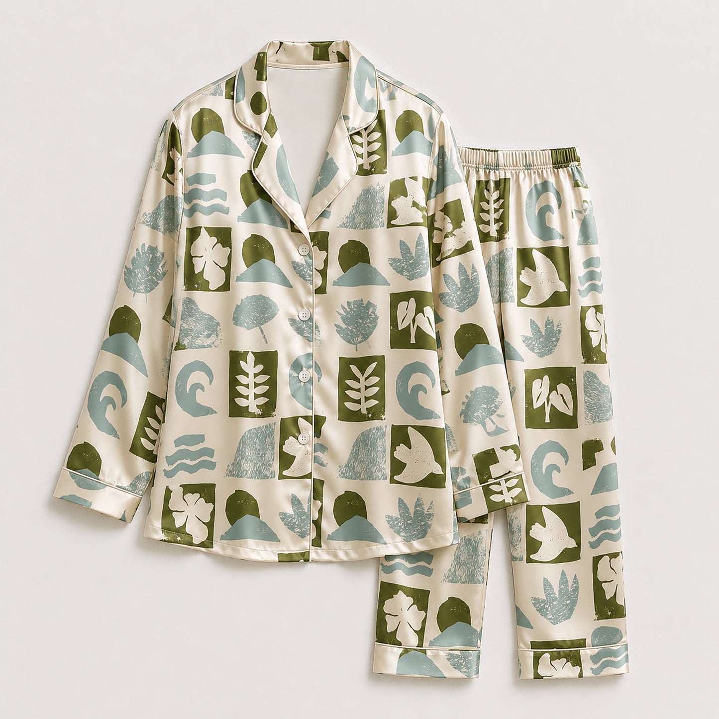 PJ-480-Green Satin Block Pajama Apparel, Abstract Shape Pattern Loungewear Sleepwear Collection Top Bottom Clothing