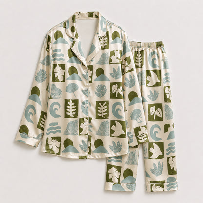 PJ-480-Green Satin Block Pajama Apparel, Abstract Shape Pattern Loungewear Sleepwear Collection Top Bottom Clothing