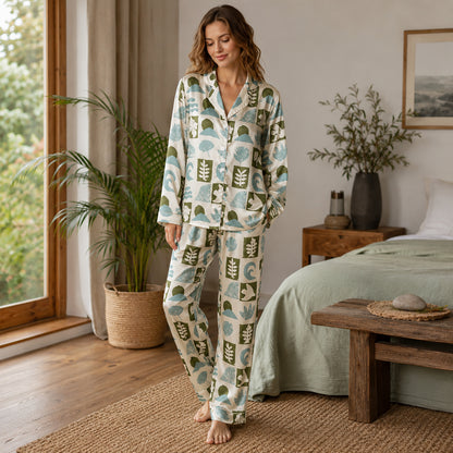 PJ-480-Green Satin Block Pajama Apparel, Abstract Shape Pattern Loungewear Sleepwear Collection Top Bottom Clothing
