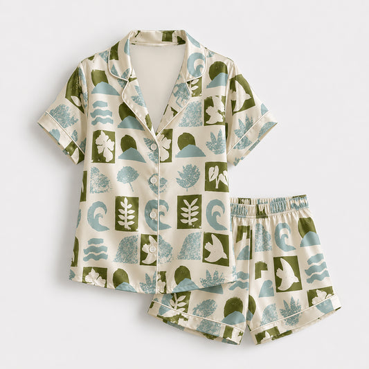 PJ-480-Green Satin Block Pajama Apparel, Abstract Shape Pattern Loungewear Sleepwear Collection Top Bottom Clothing