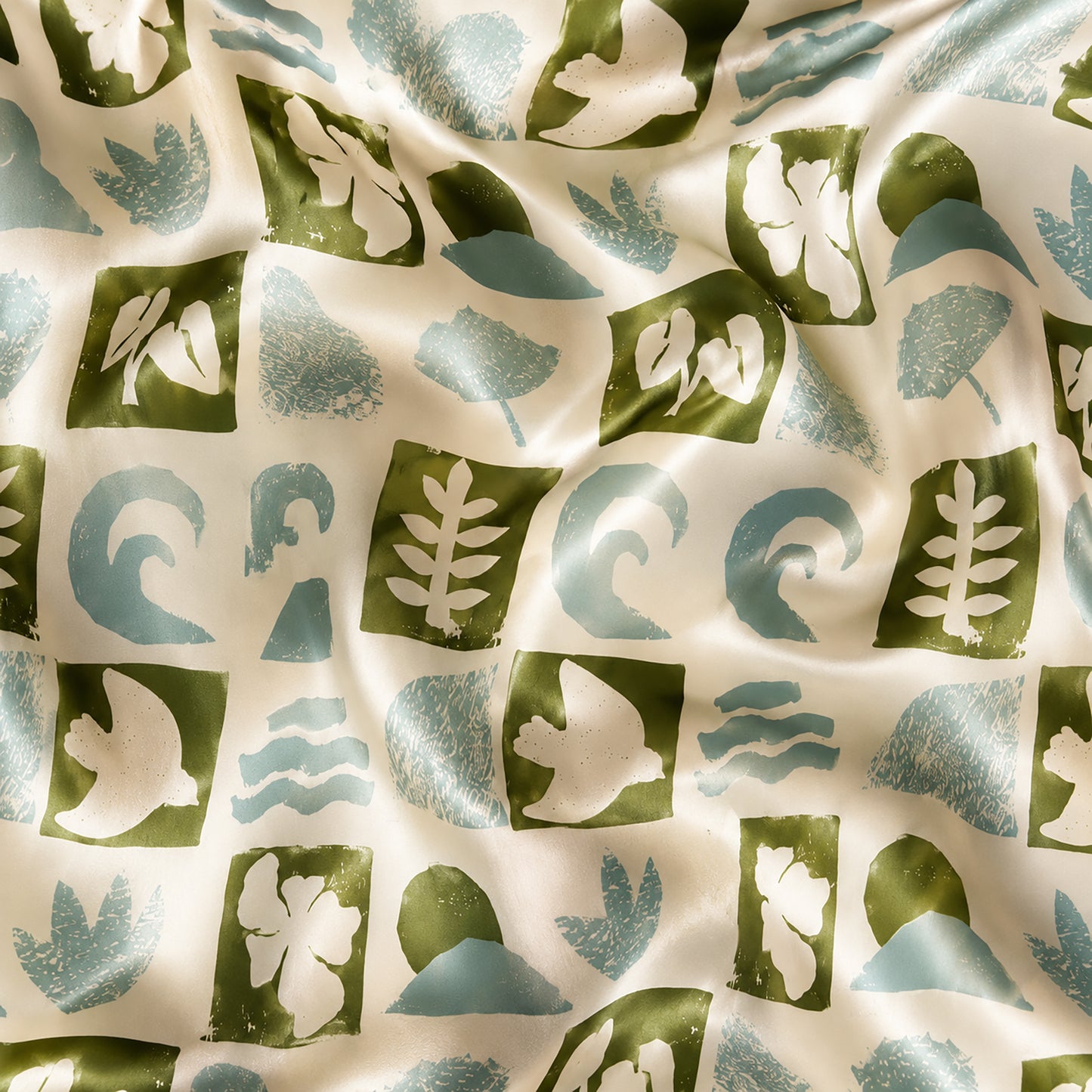 PJ-480-Green Satin Block Pajama Apparel, Abstract Shape Pattern Loungewear Sleepwear Collection Top Bottom Clothing