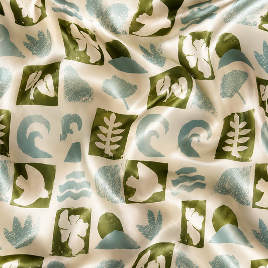PJ-480-Green Satin Block Pajama Apparel, Abstract Shape Pattern Loungewear Sleepwear Collection Top Bottom Clothing
