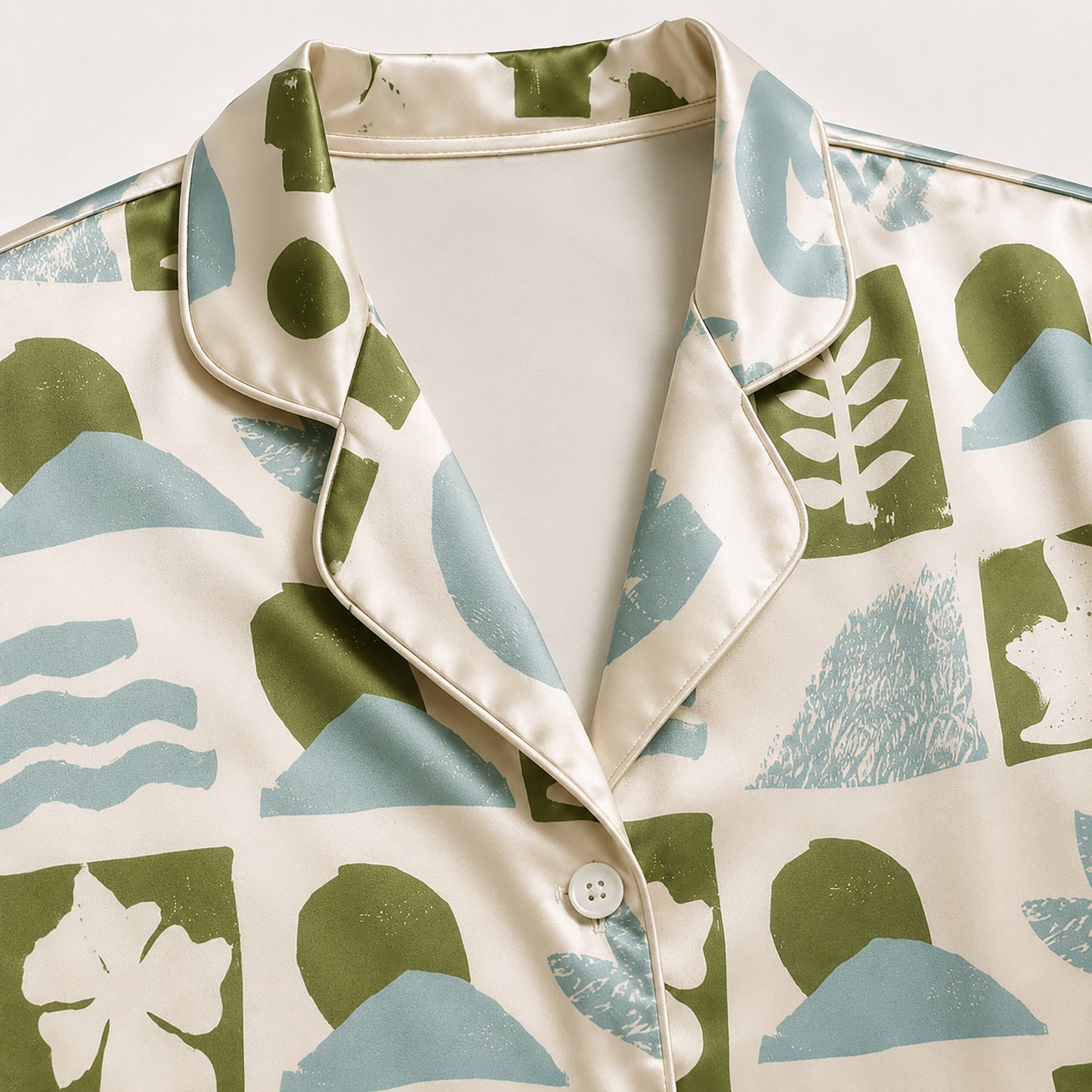 PJ-480-Green Satin Block Pajama Apparel, Abstract Shape Pattern Loungewear Sleepwear Collection Top Bottom Clothing