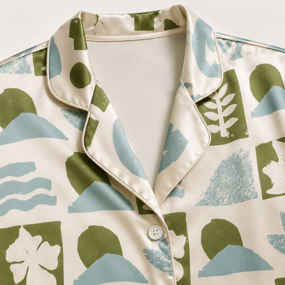 PJ-480-Green Satin Block Pajama Apparel, Abstract Shape Pattern Loungewear Sleepwear Collection Top Bottom Clothing