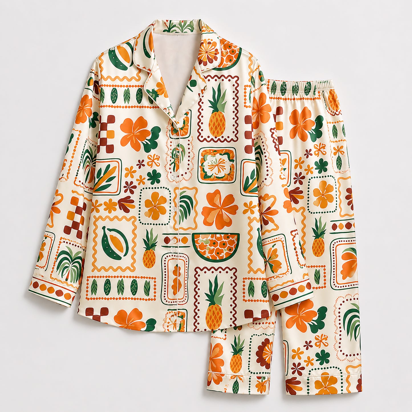 PJ-481-Cream Satin Pineapple Pajama Apparel, Tropical Fruit Pattern Loungewear Sleepwear Collection Top Bottom Clothing