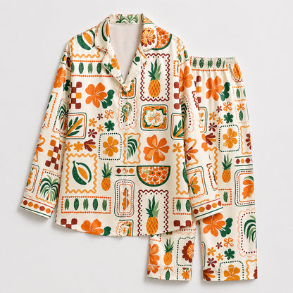 PJ-481-Cream Satin Pineapple Pajama Apparel, Tropical Fruit Pattern Loungewear Sleepwear Collection Top Bottom Clothing