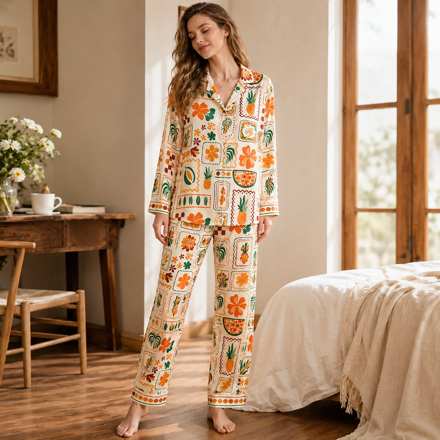 PJ-481-Cream Satin Pineapple Pajama Apparel, Tropical Fruit Pattern Loungewear Sleepwear Collection Top Bottom Clothing