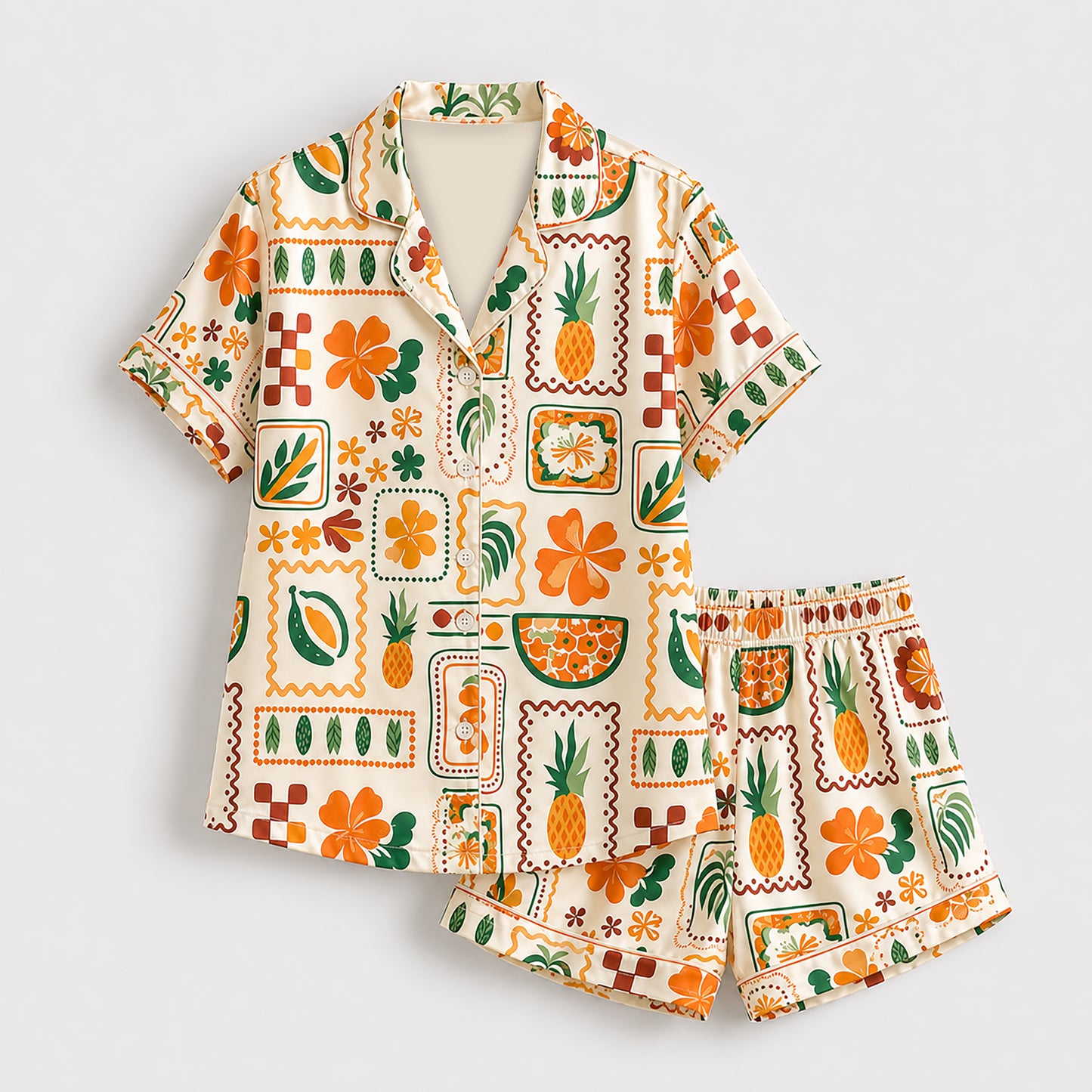 PJ-481-Cream Satin Pineapple Pajama Apparel, Tropical Fruit Pattern Loungewear Sleepwear Collection Top Bottom Clothing