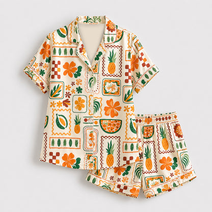 PJ-481-Cream Satin Pineapple Pajama Apparel, Tropical Fruit Pattern Loungewear Sleepwear Collection Top Bottom Clothing