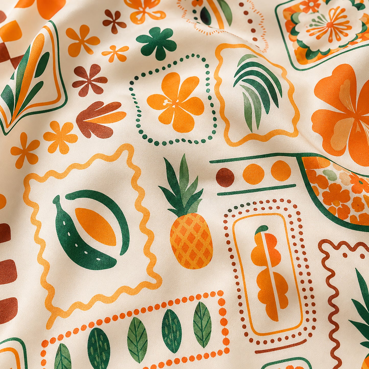 PJ-481-Cream Satin Pineapple Pajama Apparel, Tropical Fruit Pattern Loungewear Sleepwear Collection Top Bottom Clothing