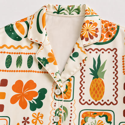 PJ-481-Cream Satin Pineapple Pajama Apparel, Tropical Fruit Pattern Loungewear Sleepwear Collection Top Bottom Clothing