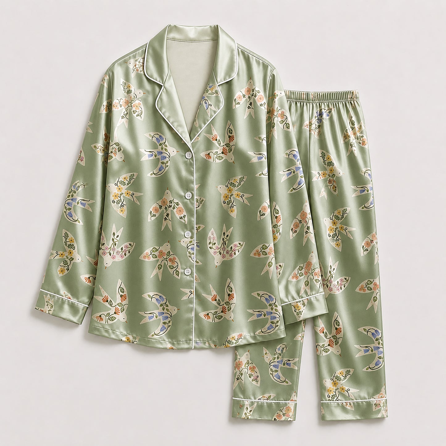 PJ-482-Sage Green Satin Bird Pajama Apparel, Ditsy Floral Pattern Loungewear Sleepwear Collection Top Bottom Clothing