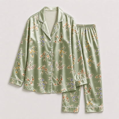 PJ-482-Sage Green Satin Bird Pajama Apparel, Ditsy Floral Pattern Loungewear Sleepwear Collection Top Bottom Clothing