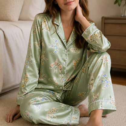 PJ-482-Sage Green Satin Bird Pajama Apparel, Ditsy Floral Pattern Loungewear Sleepwear Collection Top Bottom Clothing
