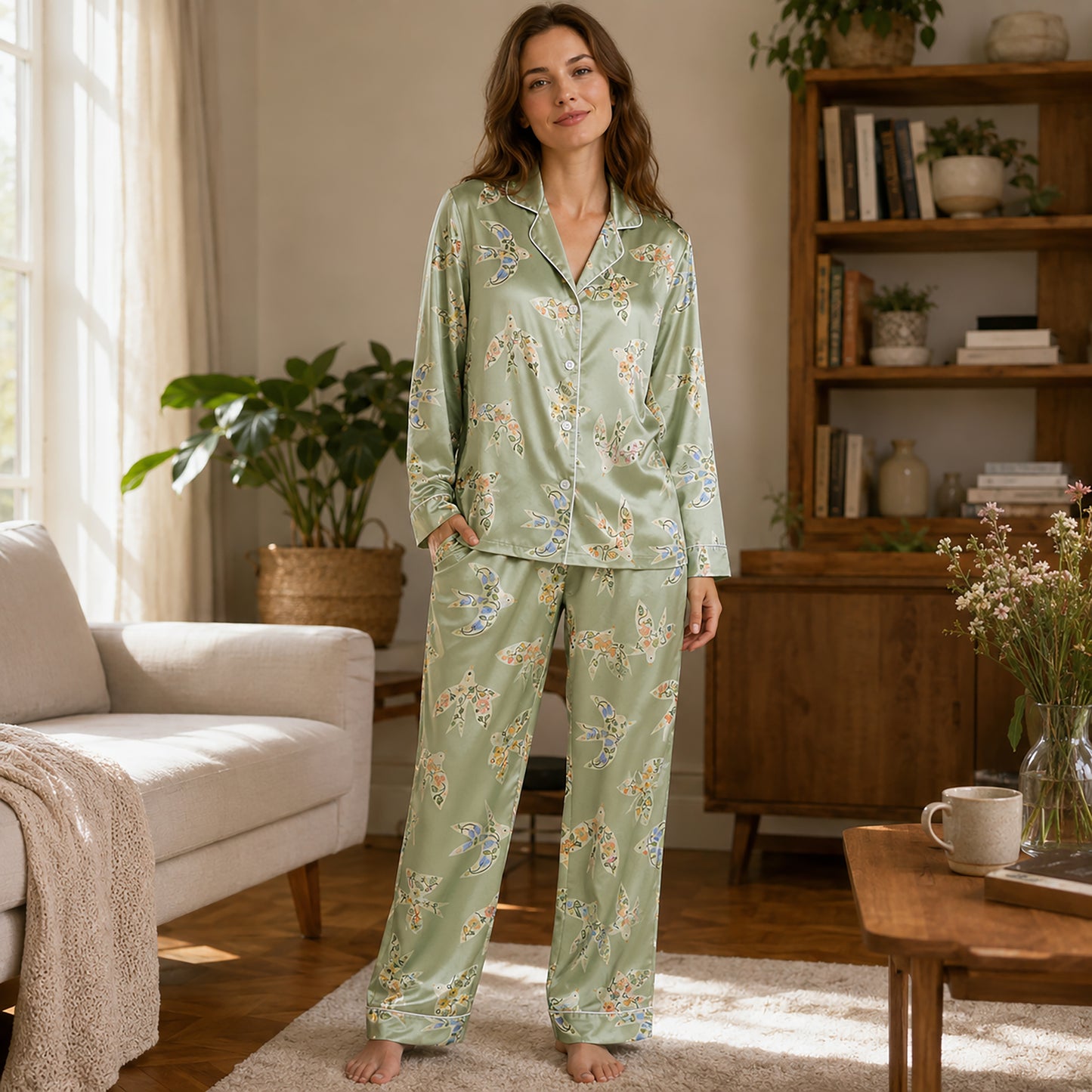 PJ-482-Sage Green Satin Bird Pajama Apparel, Ditsy Floral Pattern Loungewear Sleepwear Collection Top Bottom Clothing