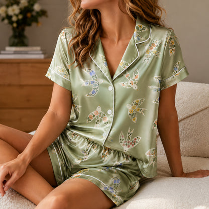 PJ-482-Sage Green Satin Bird Pajama Apparel, Ditsy Floral Pattern Loungewear Sleepwear Collection Top Bottom Clothing