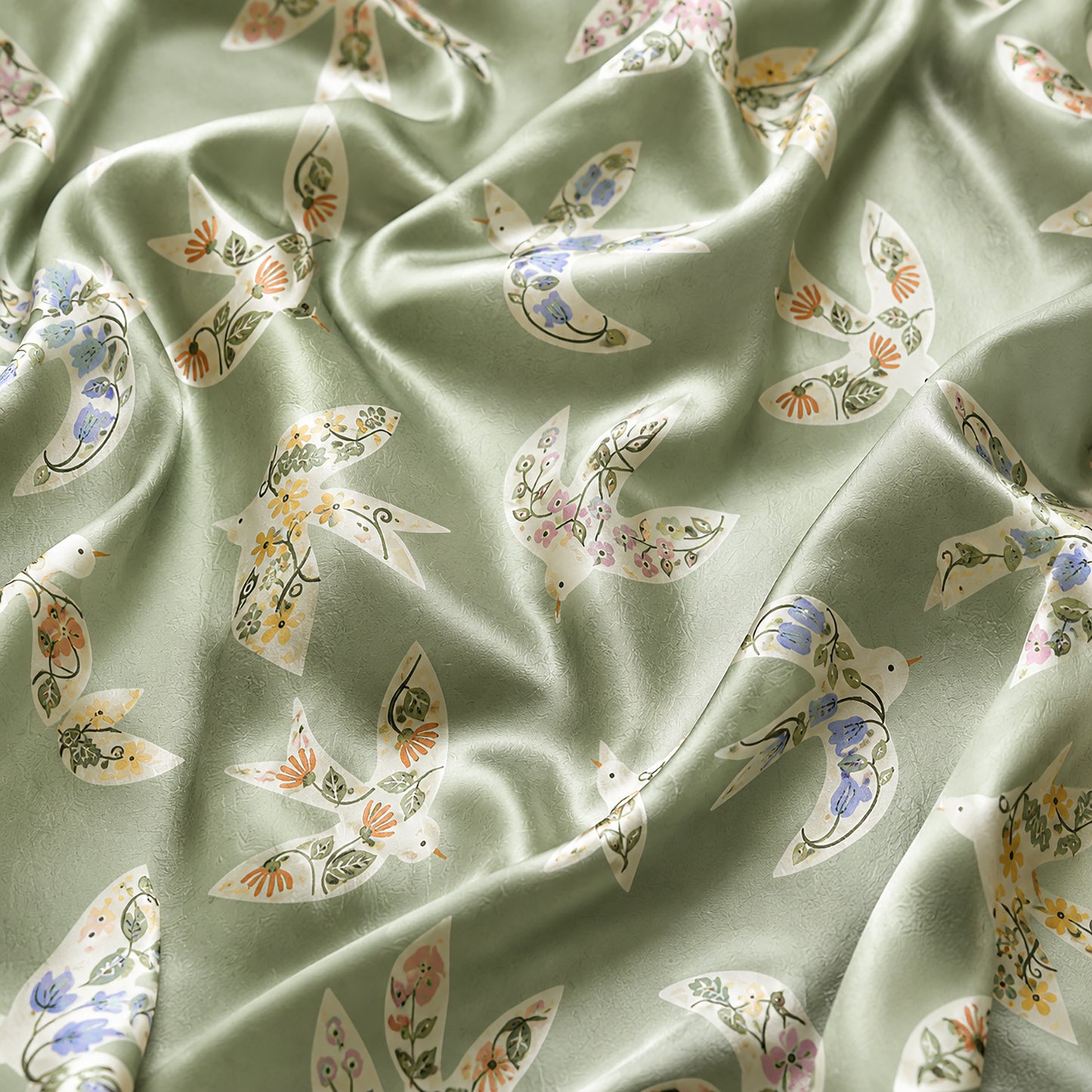 PJ-482-Sage Green Satin Bird Pajama Apparel, Ditsy Floral Pattern Loungewear Sleepwear Collection Top Bottom Clothing