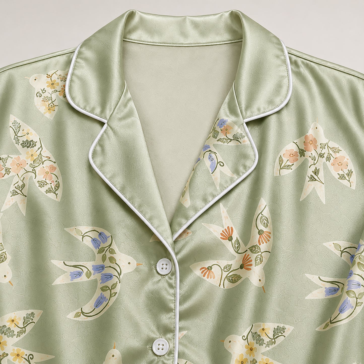 PJ-482-Sage Green Satin Bird Pajama Apparel, Ditsy Floral Pattern Loungewear Sleepwear Collection Top Bottom Clothing