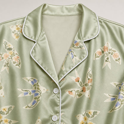 PJ-482-Sage Green Satin Bird Pajama Apparel, Ditsy Floral Pattern Loungewear Sleepwear Collection Top Bottom Clothing