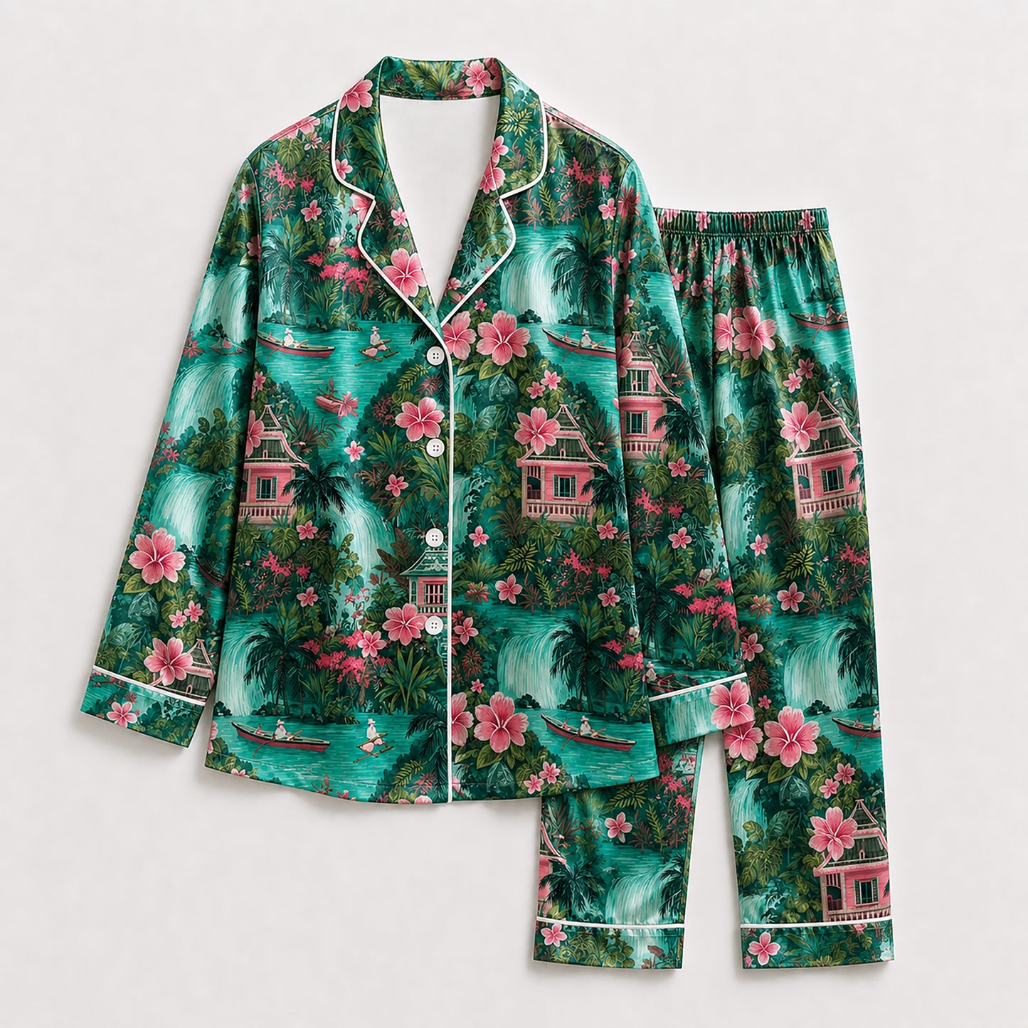 PJ-483-Jade Poly Island Pajama Apparel, Sweet Printed Loungewear Sleepwear Collection Top Bottom Attire