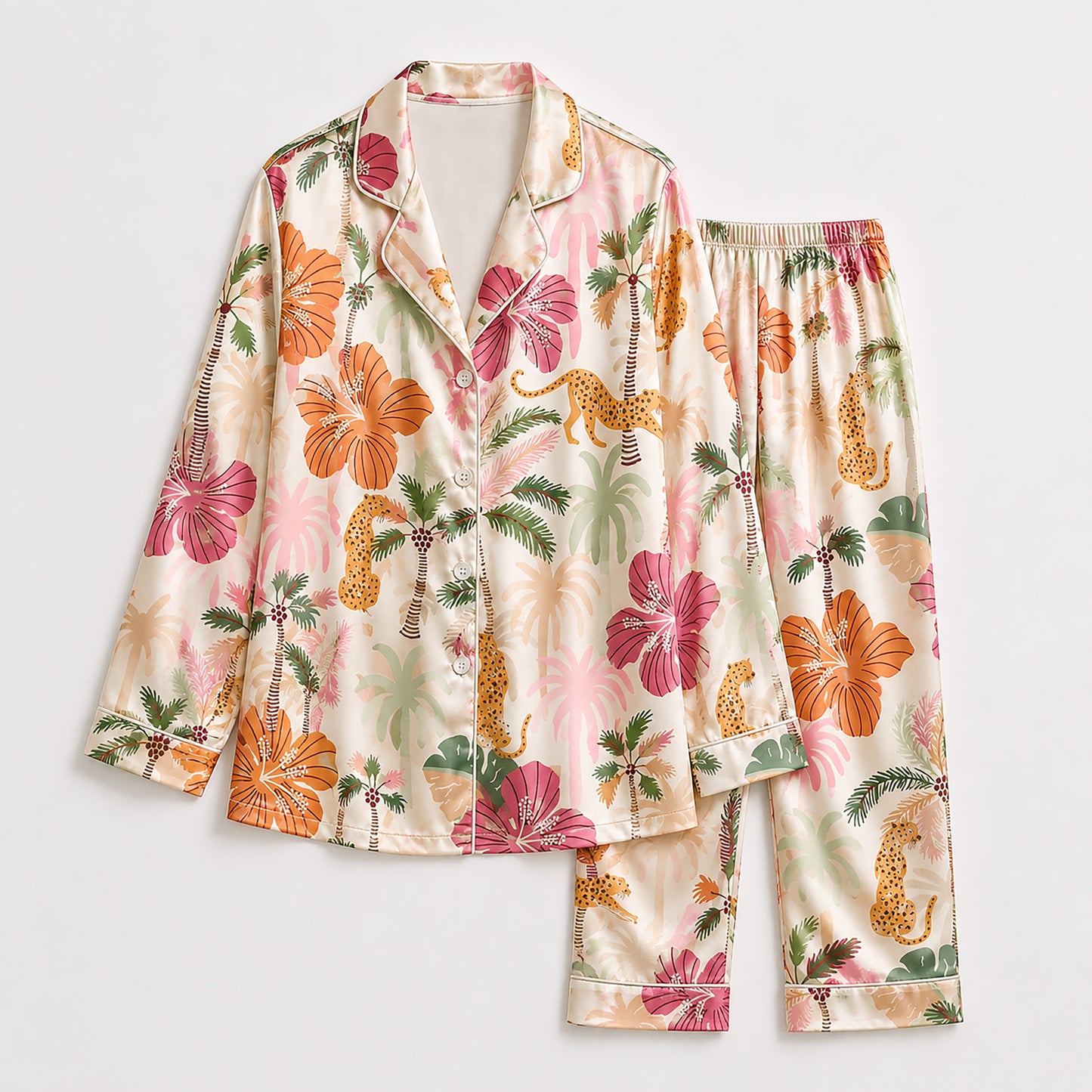 PJ-484-Satin Safari Pajama Apparel, Elegant Hibiscus Layout Loungewear Sleepwear Collection Top Bottom Garments
