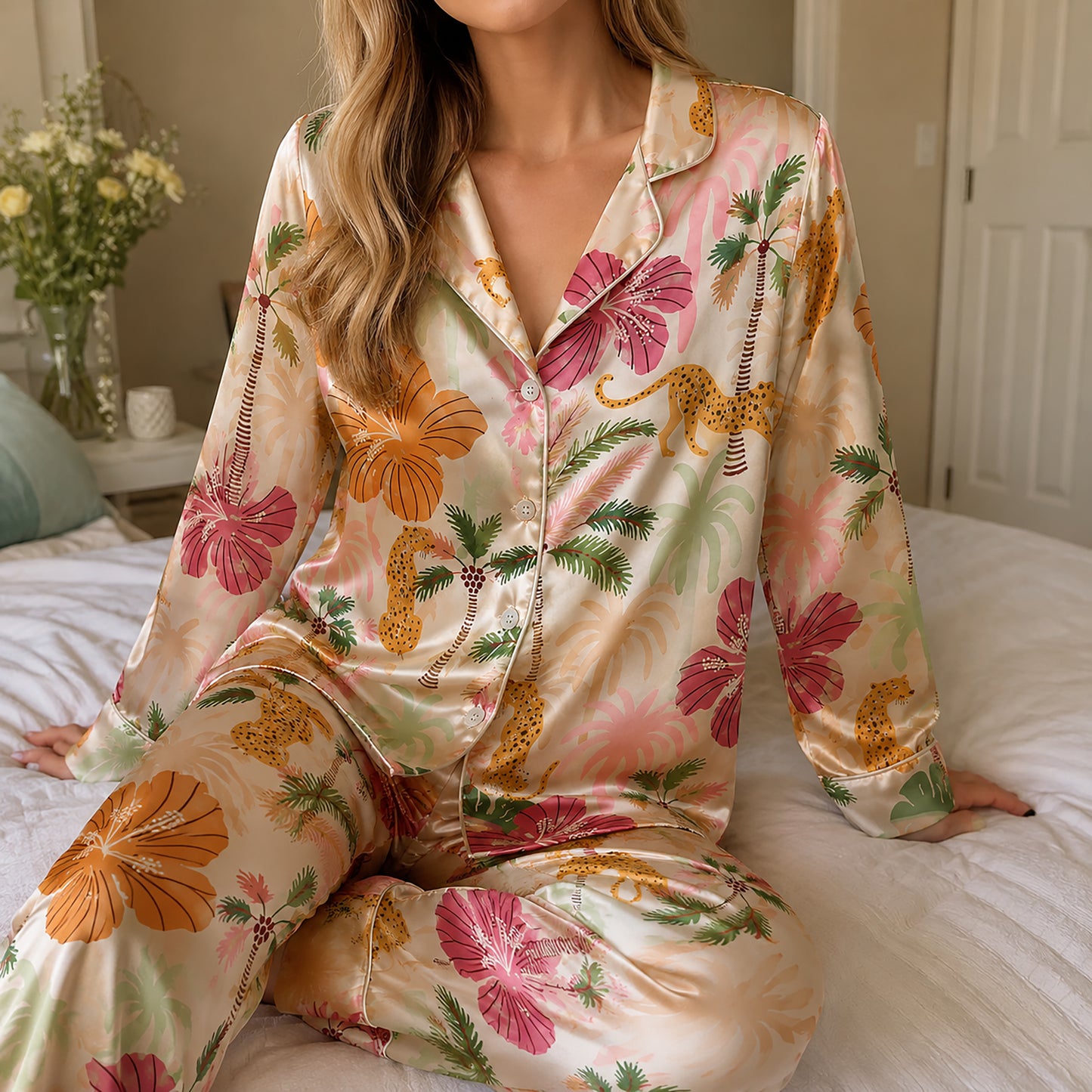 PJ-484-Satin Safari Pajama Apparel, Elegant Hibiscus Layout Loungewear Sleepwear Collection Top Bottom Garments