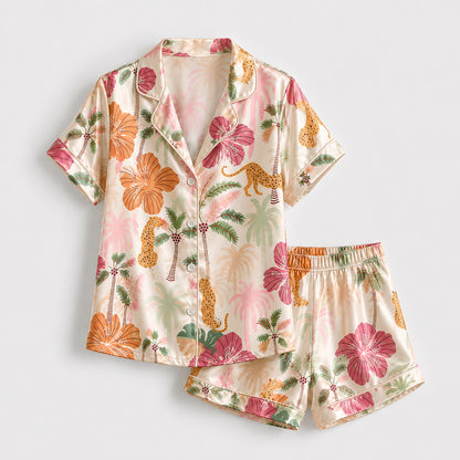 PJ-484-Satin Safari Pajama Apparel, Elegant Hibiscus Layout Loungewear Sleepwear Collection Top Bottom Garments