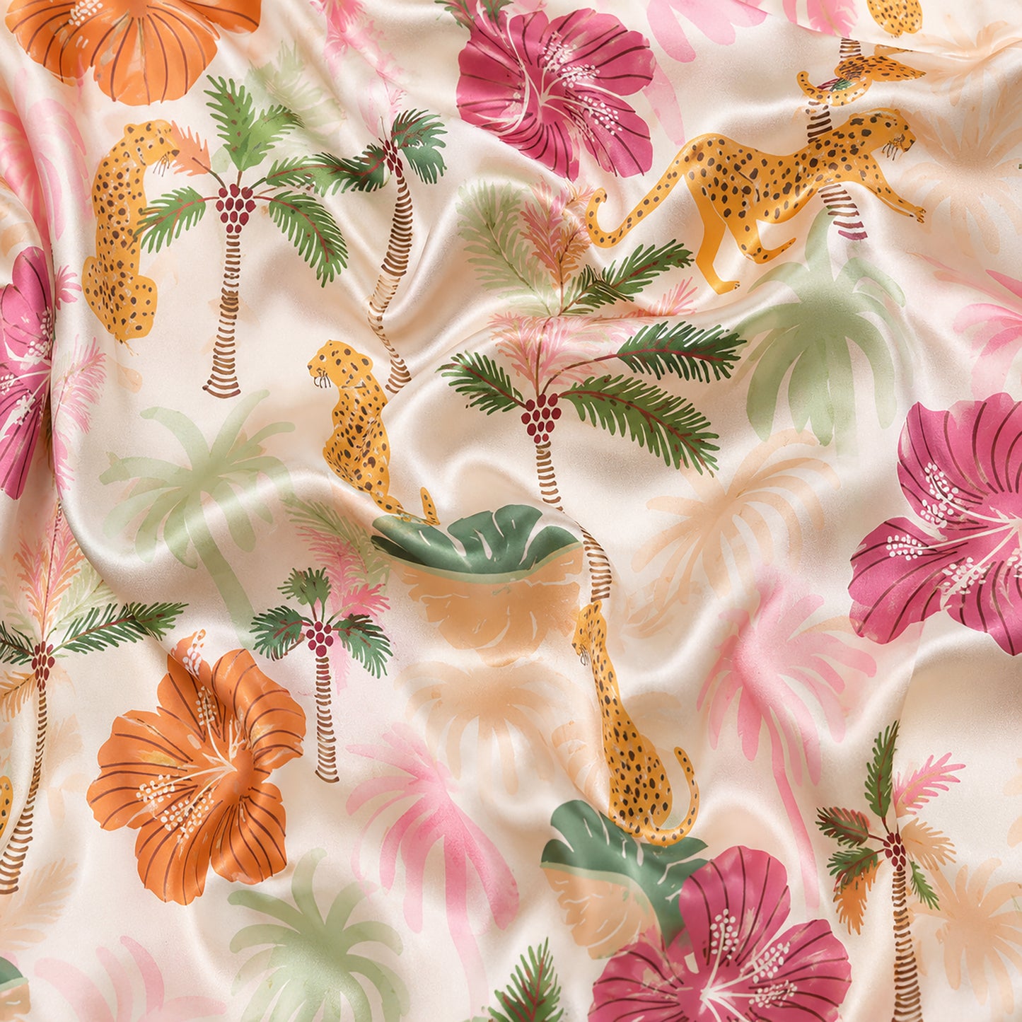 PJ-484-Satin Safari Pajama Apparel, Elegant Hibiscus Layout Loungewear Sleepwear Collection Top Bottom Garments